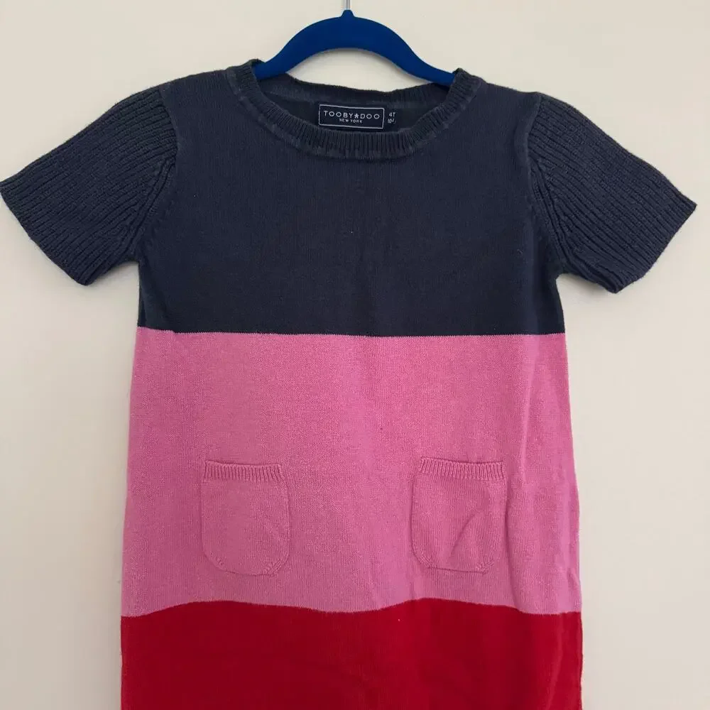 Toobydoo Colorblock Sweater Dress in Navy, Pink, and Red Stripes